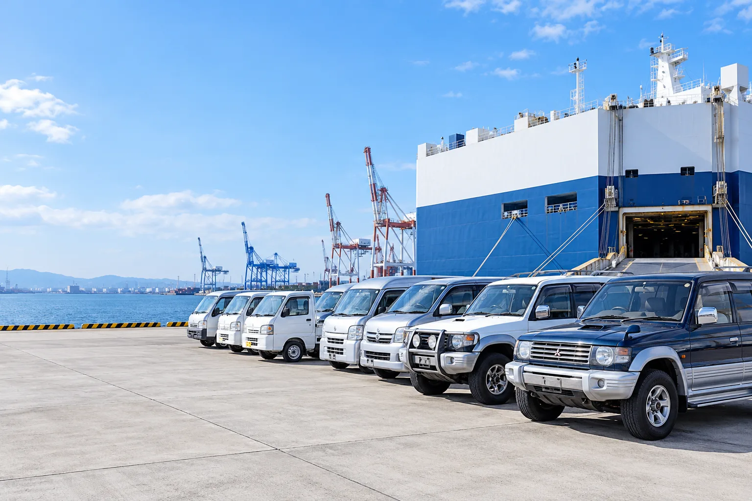 Illustrative scene of Japanese vehicles at a shipping port